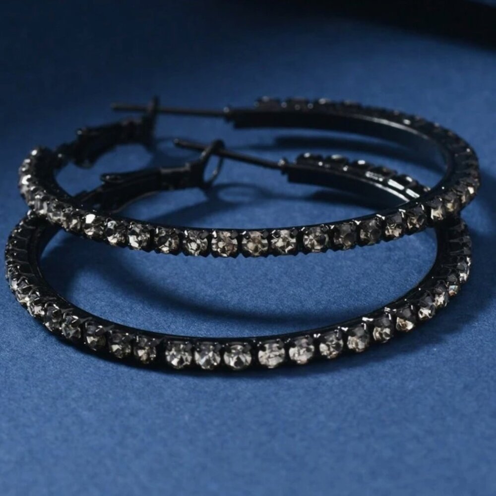 Classic Elegant Rhinestone Black Round Hoop Earrings - Picture 3 of 10
